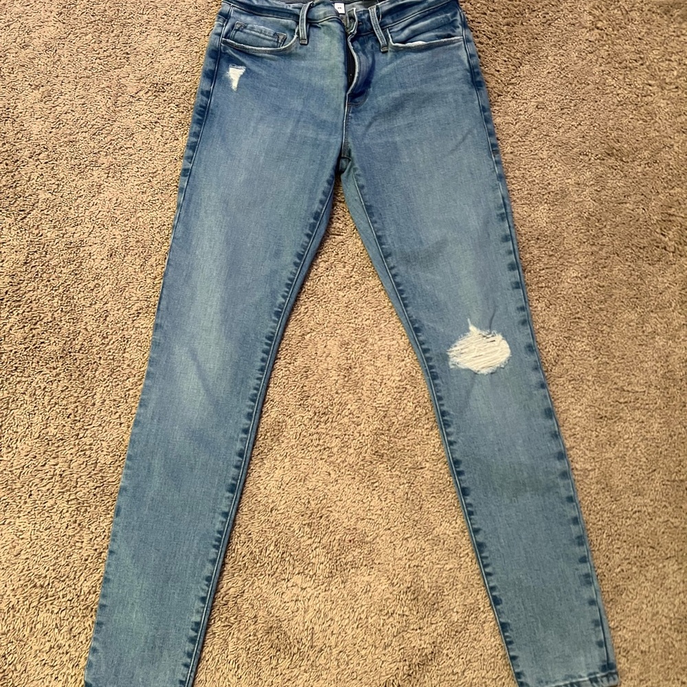 Frame Denim Blue Skinny Jeans with Distressed Detail